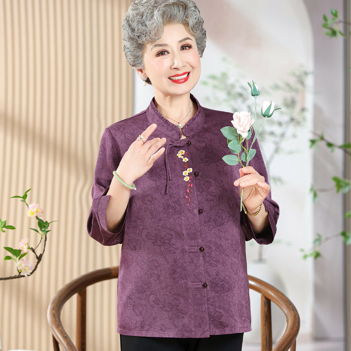 襯衫女奶奶春秋款九袖媽媽裝中式開衫洋氣老人立領衣服透氣襯衫-時尚精品