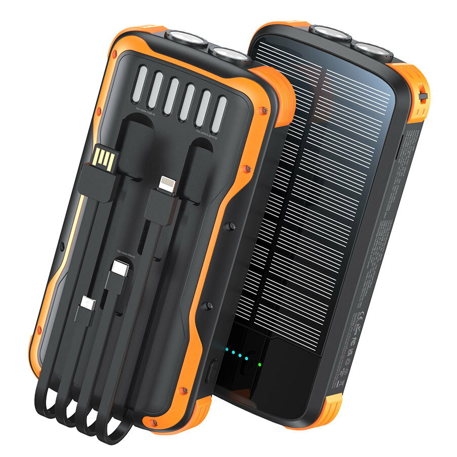 自帶線PSE認證太陽能PD雙向行動電源 登山LED露營燈軍規戶外防水防塵防摔移動電源20000mAh 6