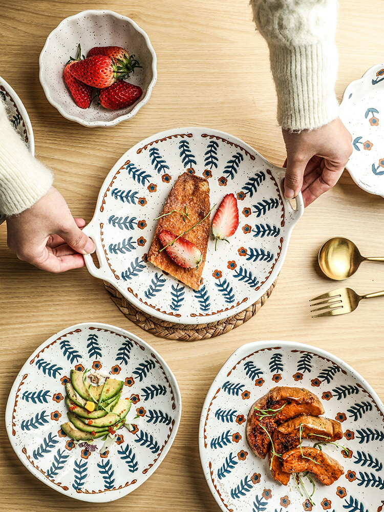 小花陶瓷餐具碗碟套裝碗盤創意復古粗陶碗筷套裝家用組合