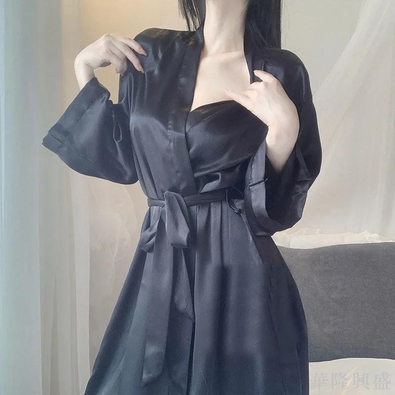 華隆 韓春秋睡袍女冰絲睡衣女夏薄款日系白色性感少女士浴袍寬松家居服