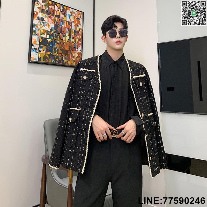 【歡樂購】男生外套 秋冬新款小香風韓版男士寬鬆格子西服髮型師青年潮男西裝休閒外套 外套男 男女同款