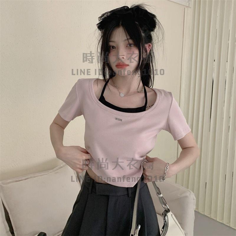 韓版短版上衣設計感假兩件修身顯瘦辣妹短袖T恤百搭上衣【時尚大衣櫥】