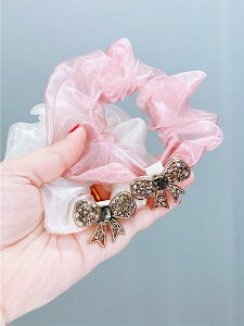韓國復古絹紗水鉆蝴蝶結大腸發圈女網紅新款發繩甜美馬尾皮筋頭繩