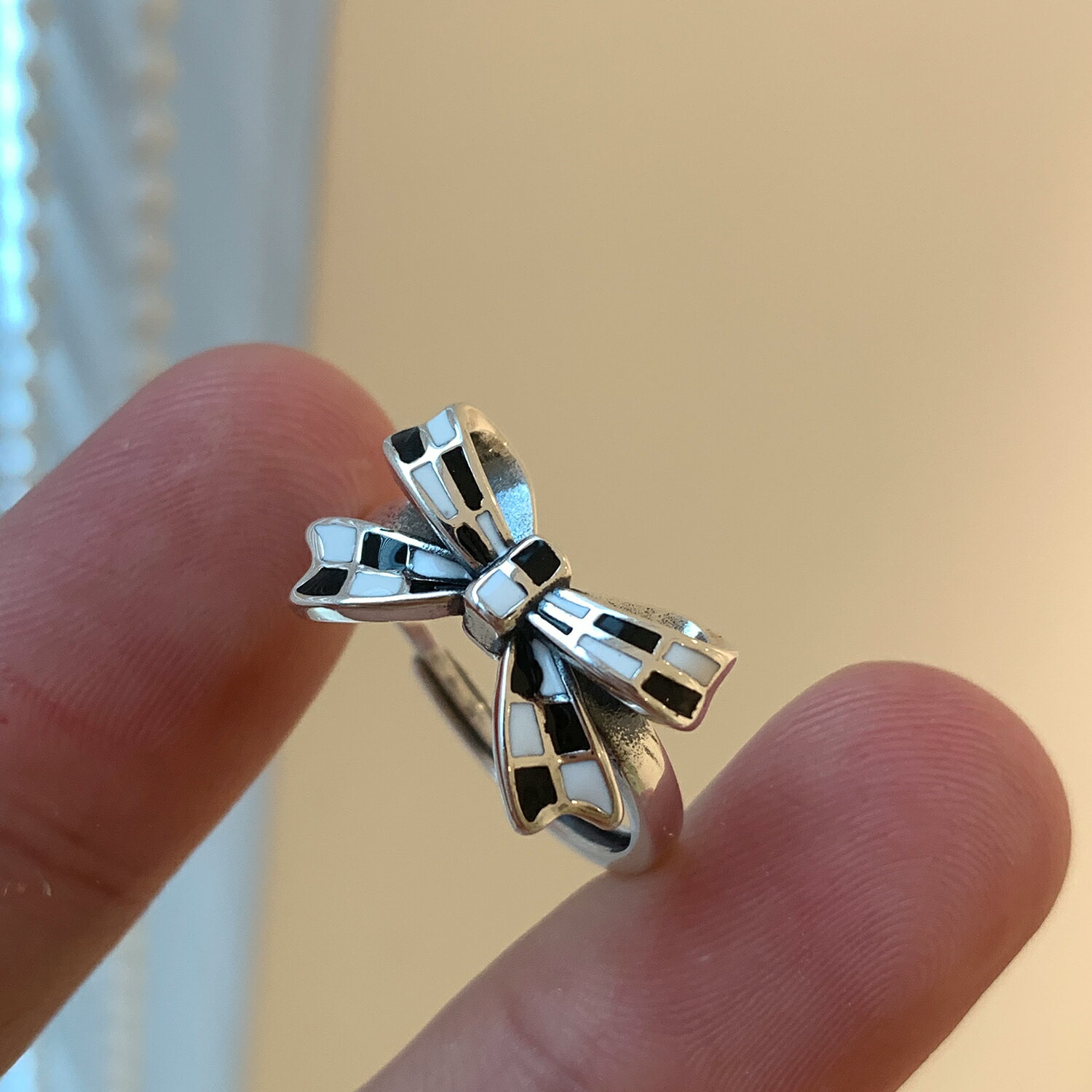 小寶s925純銀棋盤格蝴蝶結推拉戒指女輕奢小眾設計精緻高階冷淡風
