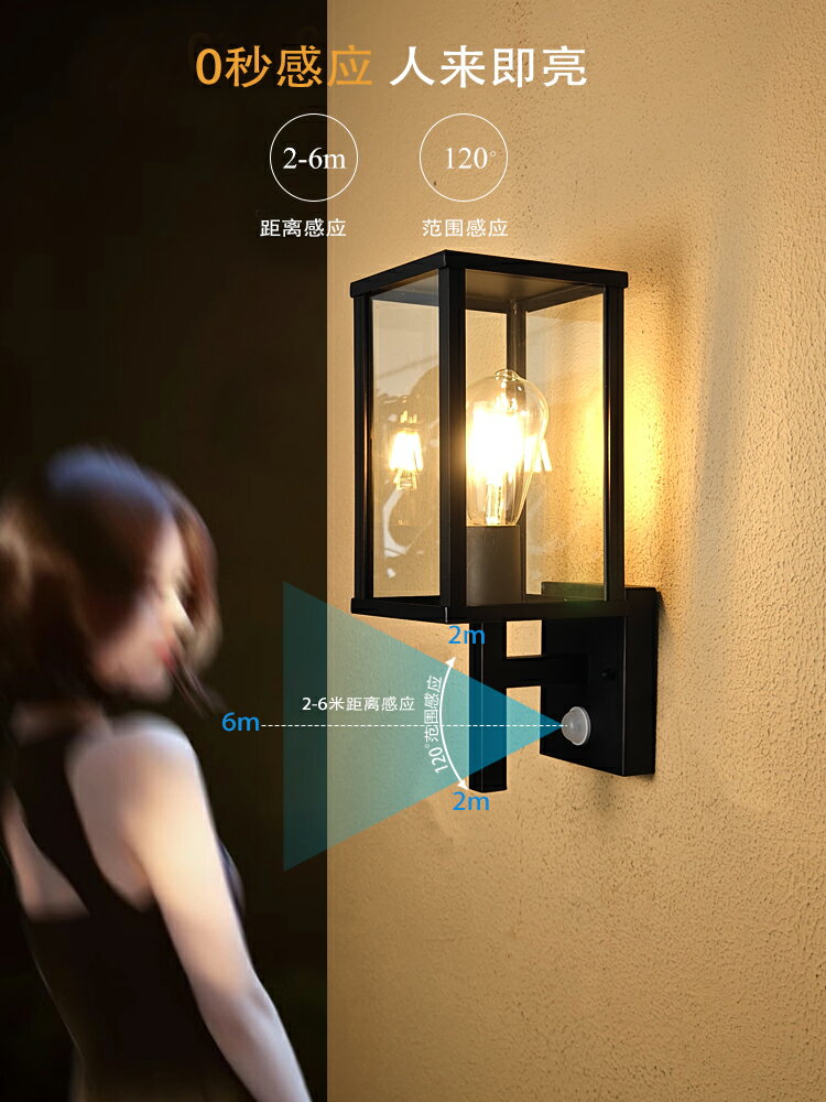 中式人體感應戶外防水壁燈現代簡約庭院燈室外門口兩側陽臺外墻燈