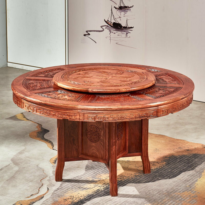 餐桌 銷售紅木刺猬紫檀飯桌圓形餐臺客廳飯臺雕花古典高檔家具