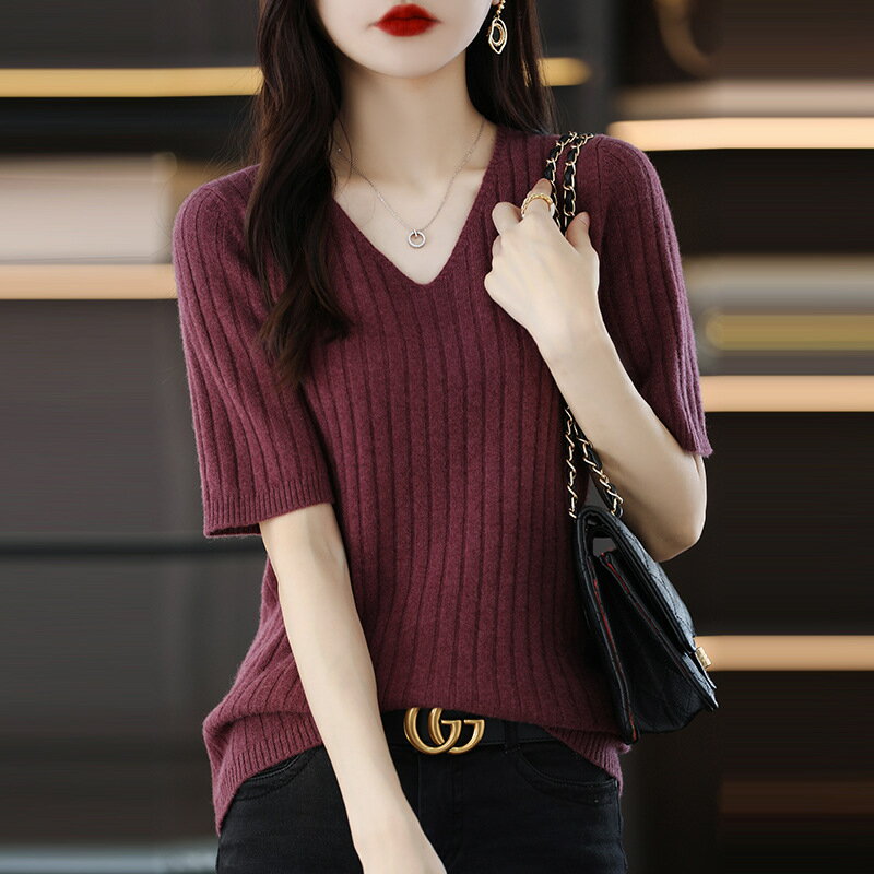 現貨秒發 針織衫短袖T恤-V領條紋純色休閒女上衣5色74kx44【獨家進口】【米蘭精品】