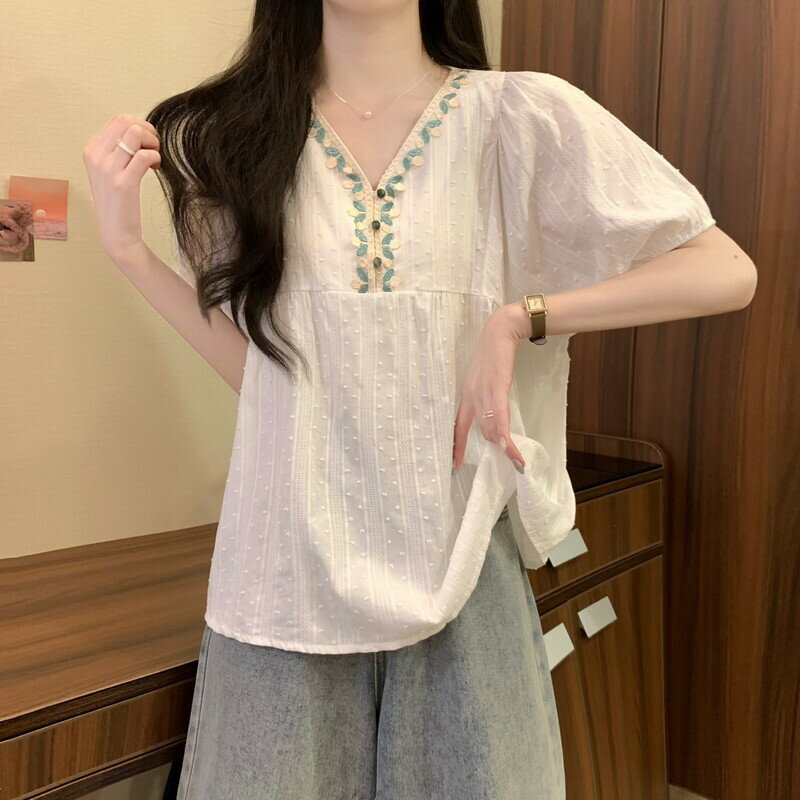 短袖V領襯衫女棉麻刺繡上衣 寬鬆顯瘦上衣短袖上衣女裝衣服【時尚大衣櫥】