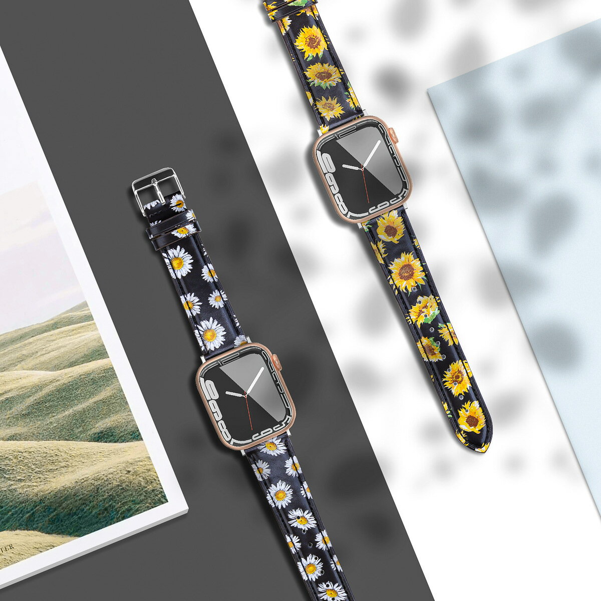 優樂悅~新款適用於apple watch4/5/6 iwatch7代蘋果手錶手錶 彩印款皮帶