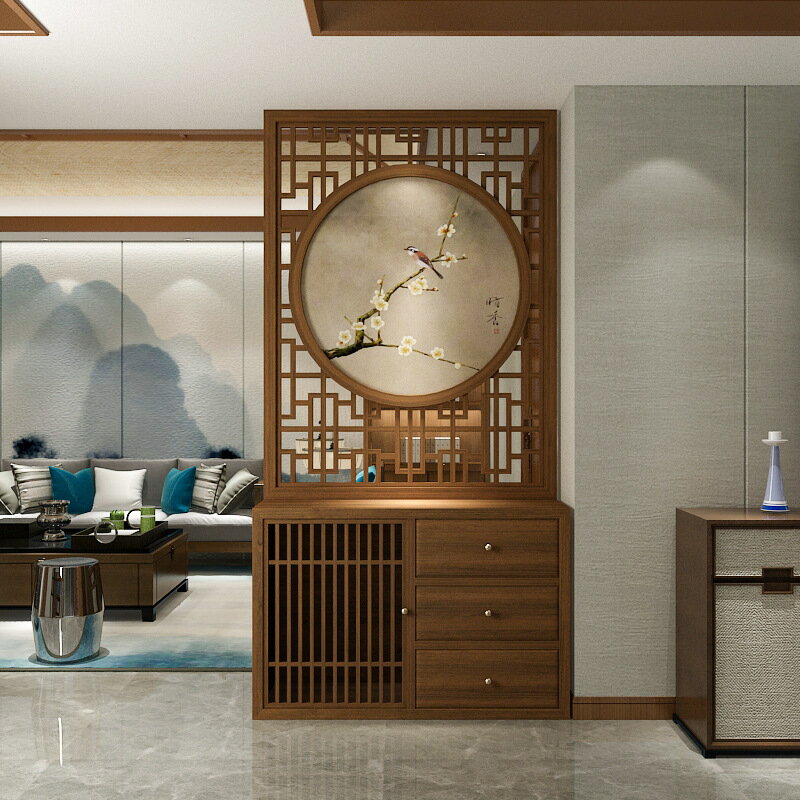 新中式實木屏風玄關櫃 鏤空花格隔斷客廳臥室裝飾辦公鞋櫃
