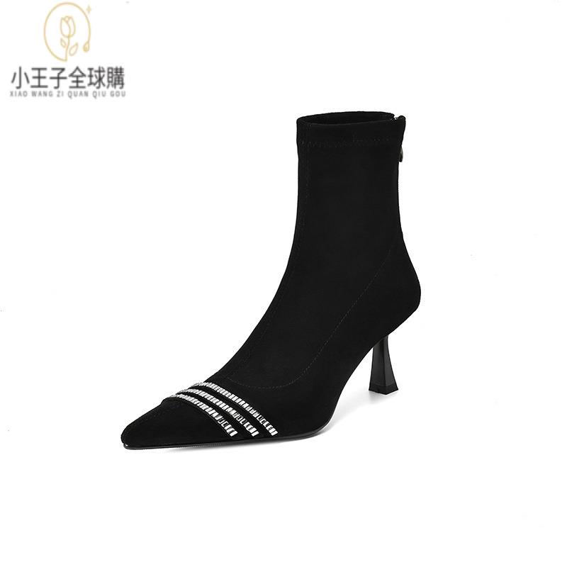 【公司現貨速發】免運 開發票 小短靴 堆堆靴 真皮女鞋 羊皮鞋 小皮鞋 樂福鞋34-43大碼彈力瘦瘦靴秋冬尖頭細高跟法式復古水鉆優雅時尚襪 定製