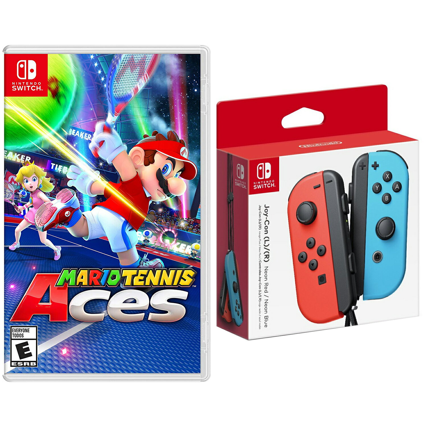 Nintendo Switch Super Mario Tennis Aces Neon Red And Blue Joy Con Controllers