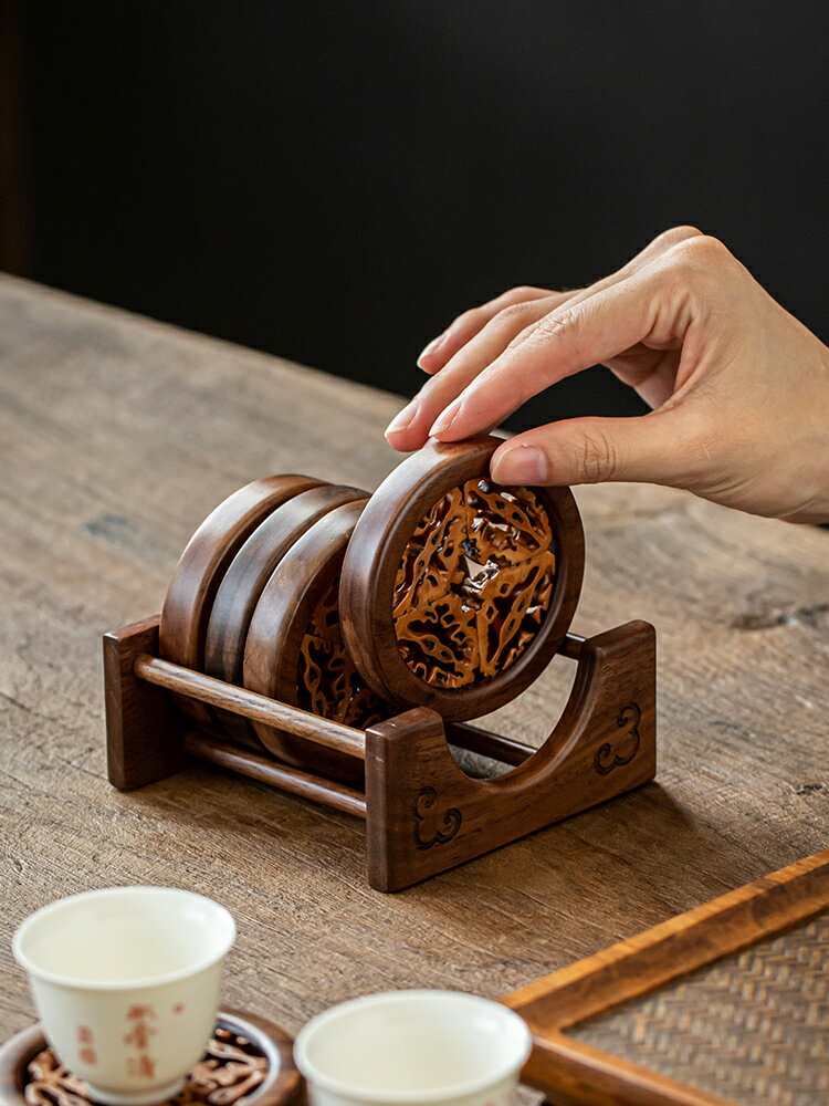 中式復古風核桃杯墊套裝外框胡桃木功夫茶托家用隔熱墊創意茶杯墊