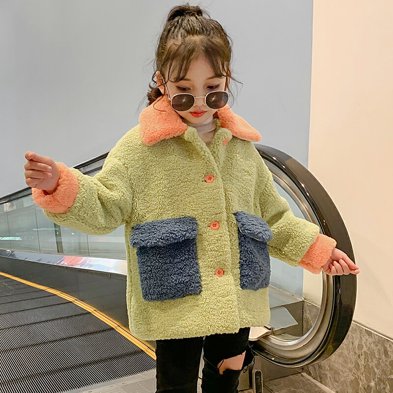 女童外套新款冬裝韓版中大童加厚時尚拼色口袋羊羔絨洋氣外套1入