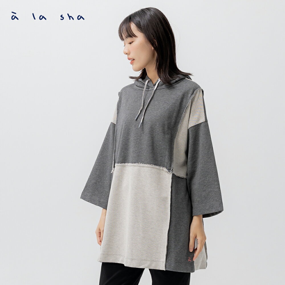 a la sha 中長拼接連帽短袖棉T