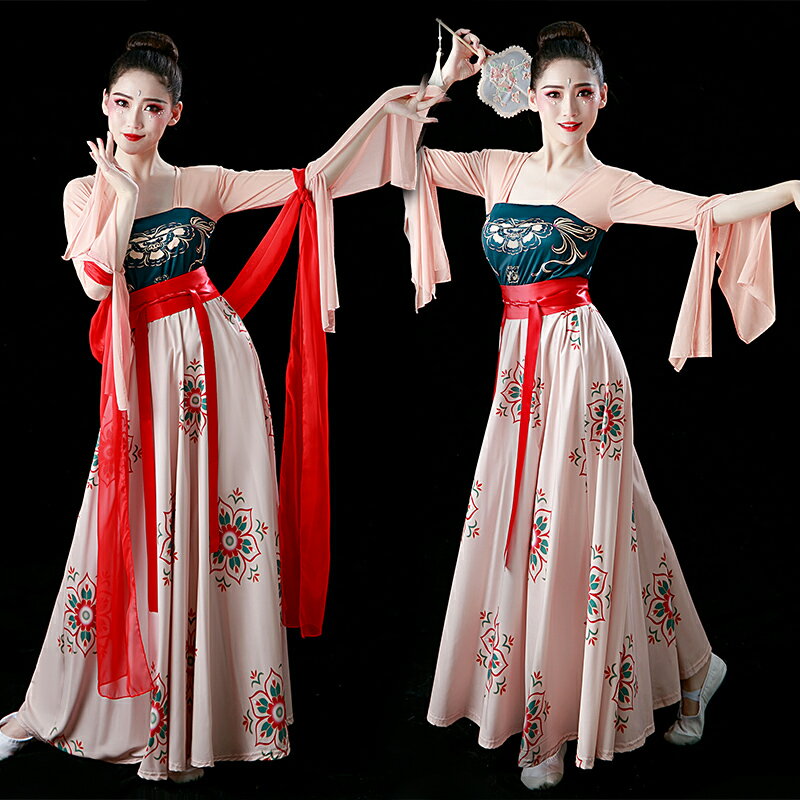 古風中國舞舞蹈服女唐制袔子裙印花漢服藝考古典舞練功服紗裙套裝