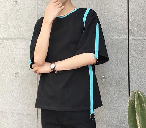 FINDSENSE MD 韓國 時尚潮 男 創意 特色 圓領 織帶撞色金屬圈 寬鬆 短袖T恤 特色短T