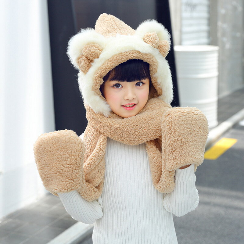 女童帽子圍巾套裝加絨加厚冬季圍脖洋氣時尚韓版兒童連帽圍巾一體1入
