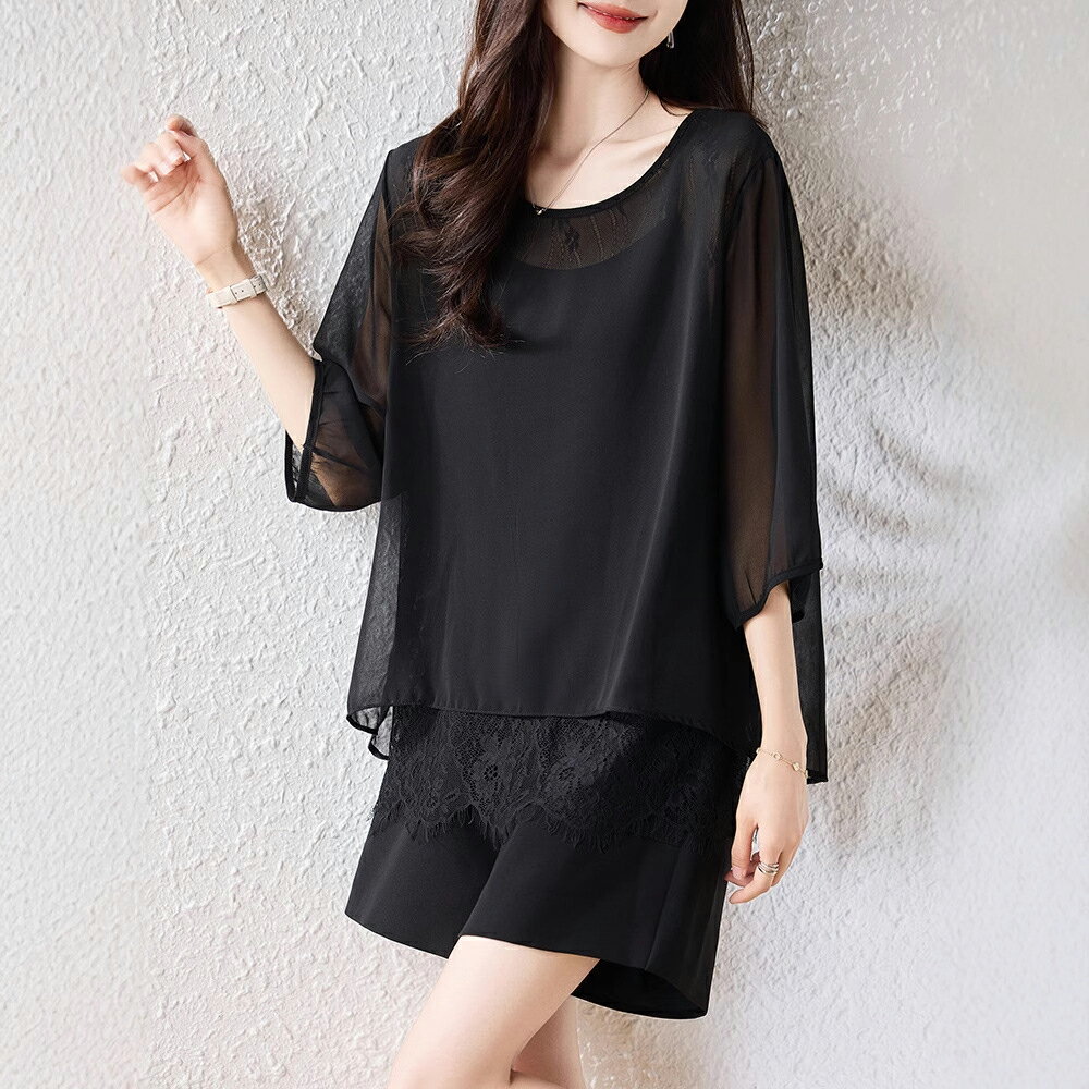 ＊ORead＊拼接蕾絲短袖上衣(黑色L~5XL)
