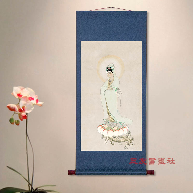 觀音像 掛軸 佛畫明代佚名觀音像佛畫觀音菩薩像掛軸真跡微噴復製畫已裝裱的
