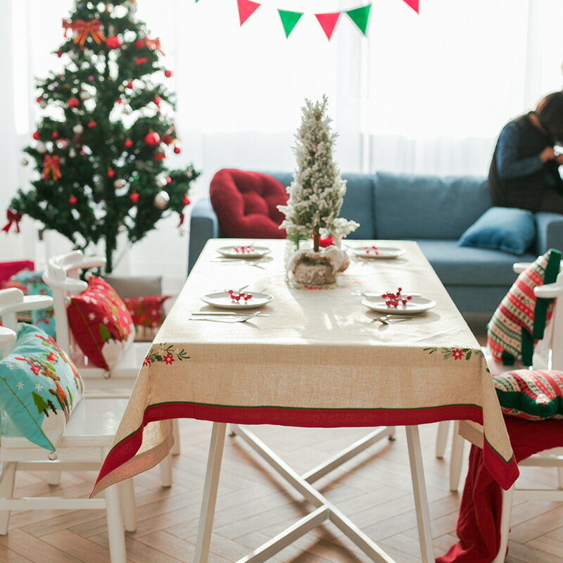 圣誕節桌布布藝棉麻圣誕主題桌布臺布圣誕桌布 圣誕櫥窗裝飾