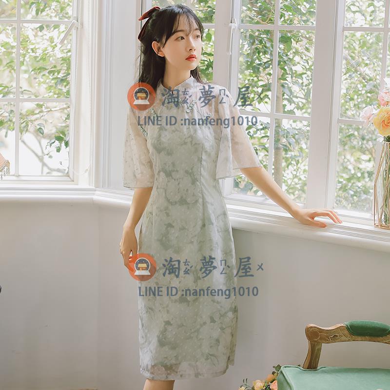 2022年新款倒大袖復古洋裝 旗袍漢服改良版綠色連衣裙女【淘夢屋】