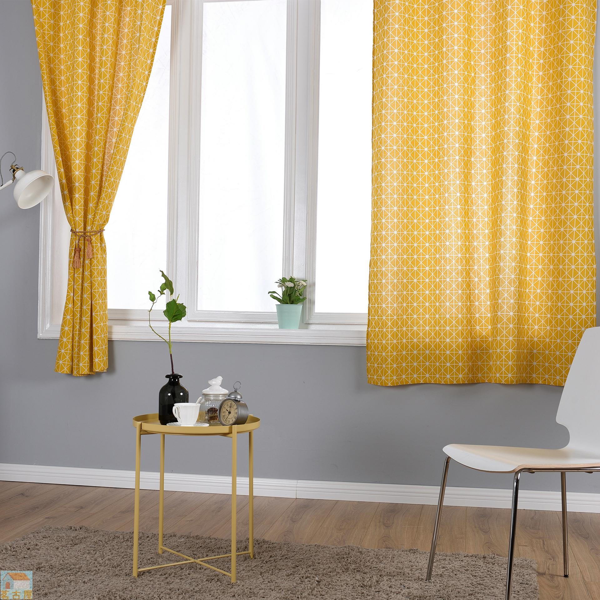 55*85 成品窗簾棉麻幾何黃色半遮光亞麻客廳臥室窗簡約現代