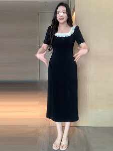 大碼茶歇連身裙夏季胖mm顯瘦方領開叉高級感復古氣質名媛裙子洋裝