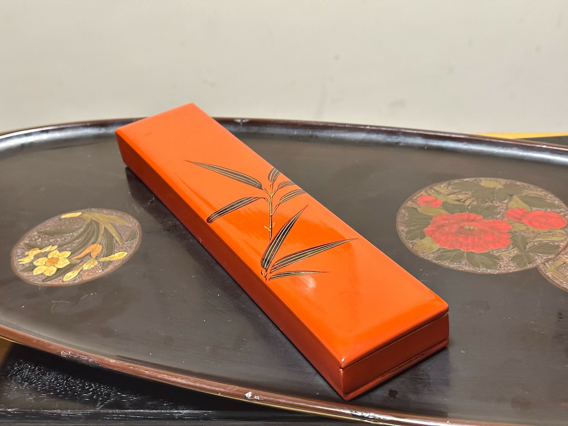 日本中古迴流實木輪島塗金蒔繪抽拉式筷盒線箱盒