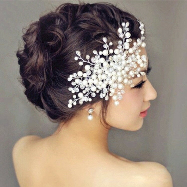 高檔新娘飾品純手工珍珠串珠水晶頭飾發梳韓式婚紗配飾盤發飾品1入