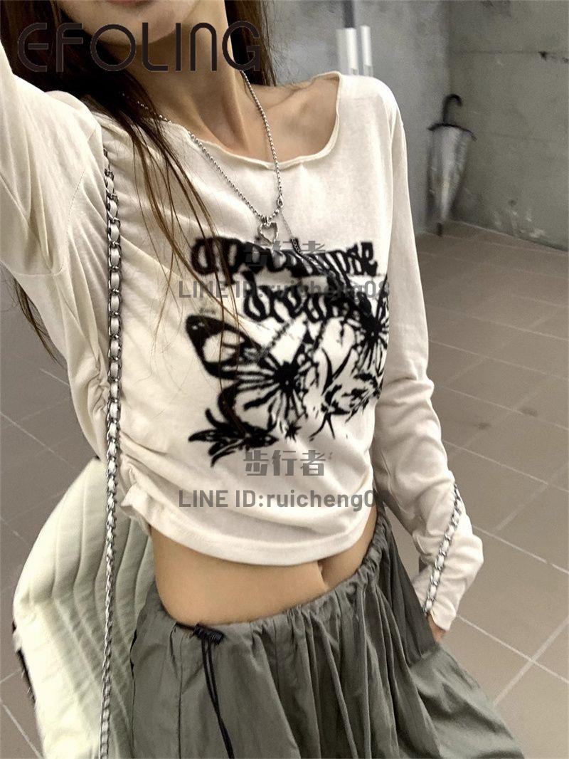 EFOLONG純棉美式潮流印花長袖t恤女百搭寬鬆韓版秋季薄款上衣【步行者戶外生活館】P