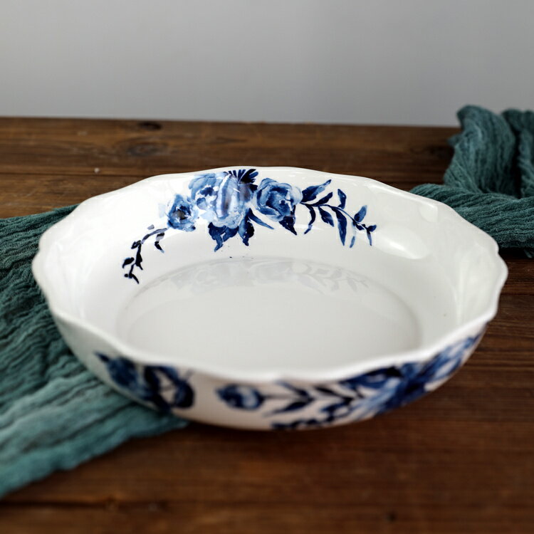 藍韻深盤創意陶瓷花盤深菜盤沙拉盤小龍蝦盤外貿出口深盤精致