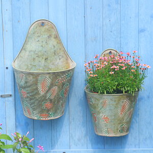 鐵藝壁掛彩繪羽毛鐵桶 復古做舊墻面裝飾墻上花盆