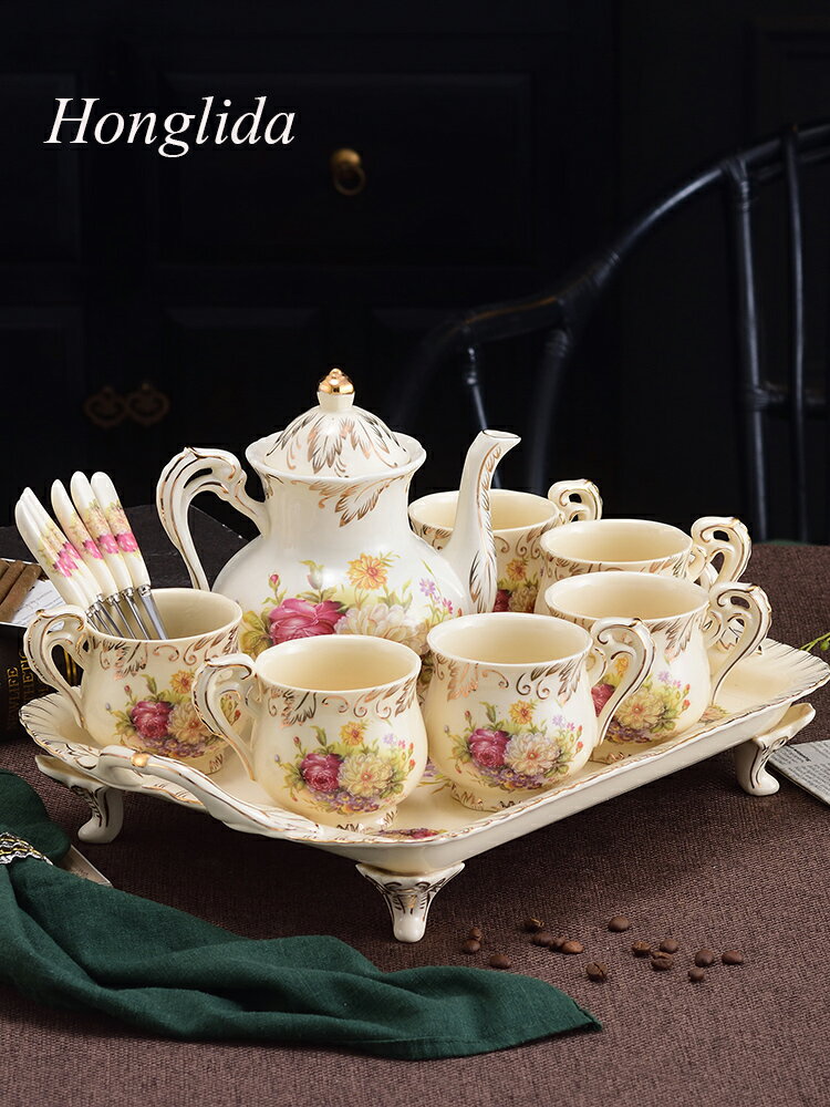 水杯套裝陶瓷家用客廳水具杯子歐式耐熱杯具帶托盤茶杯茶具套裝