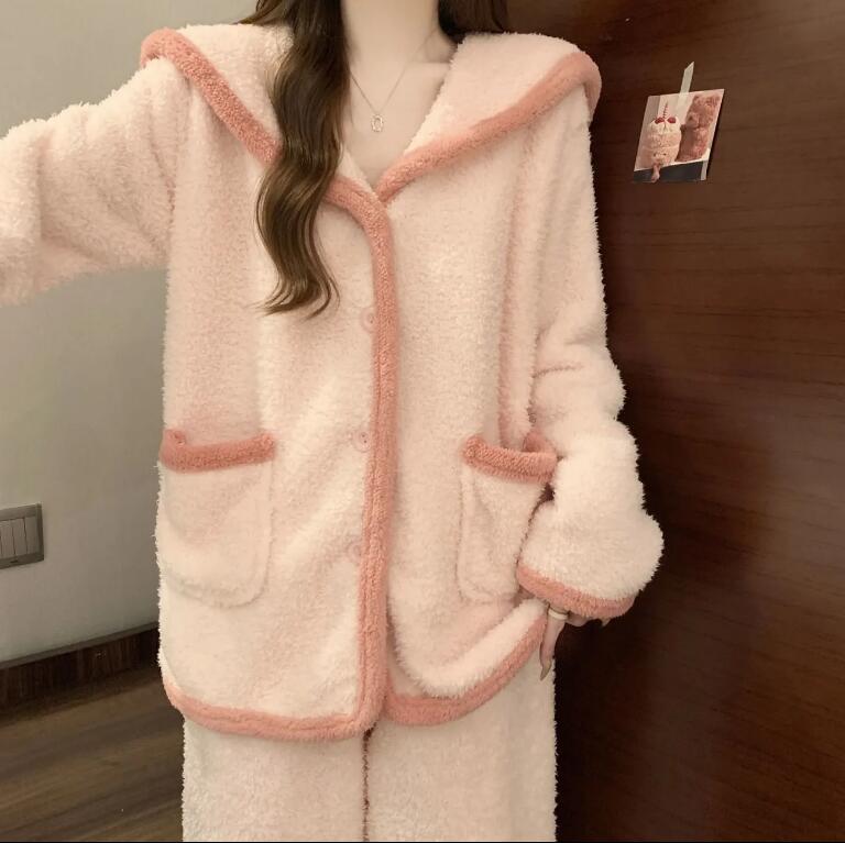 珊瑚絨保暖家居服套裝睡衣女秋冬季新款半邊絨加厚甜美粉色【繁星小鎮】