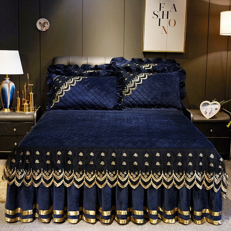 歐式水晶絨蕾絲床裙短毛絨加厚夾棉保暖單件床罩1.5/1.8m床笠床套