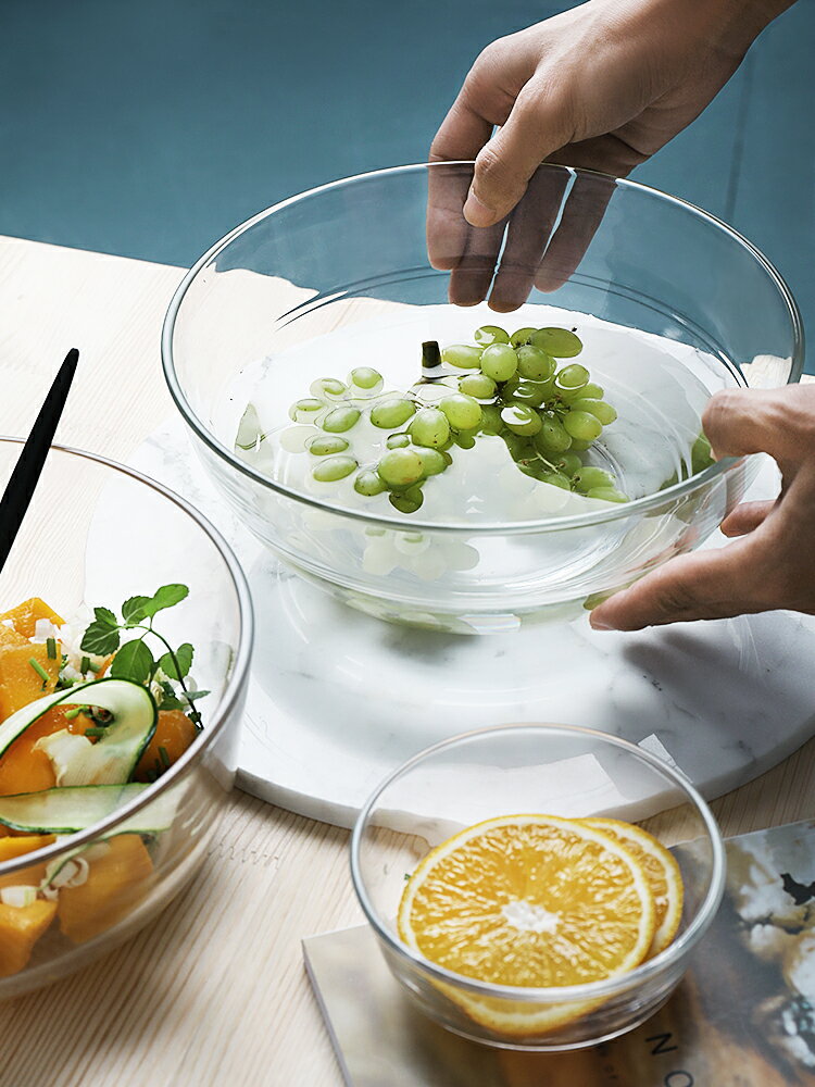 半房簡約無鉛圓形玻璃超大沙拉碗套裝家用大號透明客廳水果甜品碗