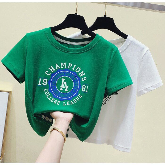 短袖2021年新款夏季韓版修身卡通字母印花T恤女洋氣短款減齡上衣