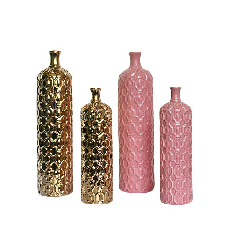 歐式后現代新古典陶瓷電鍍金色粉色浮雕花紋裝飾花瓶家居擺臺飾品