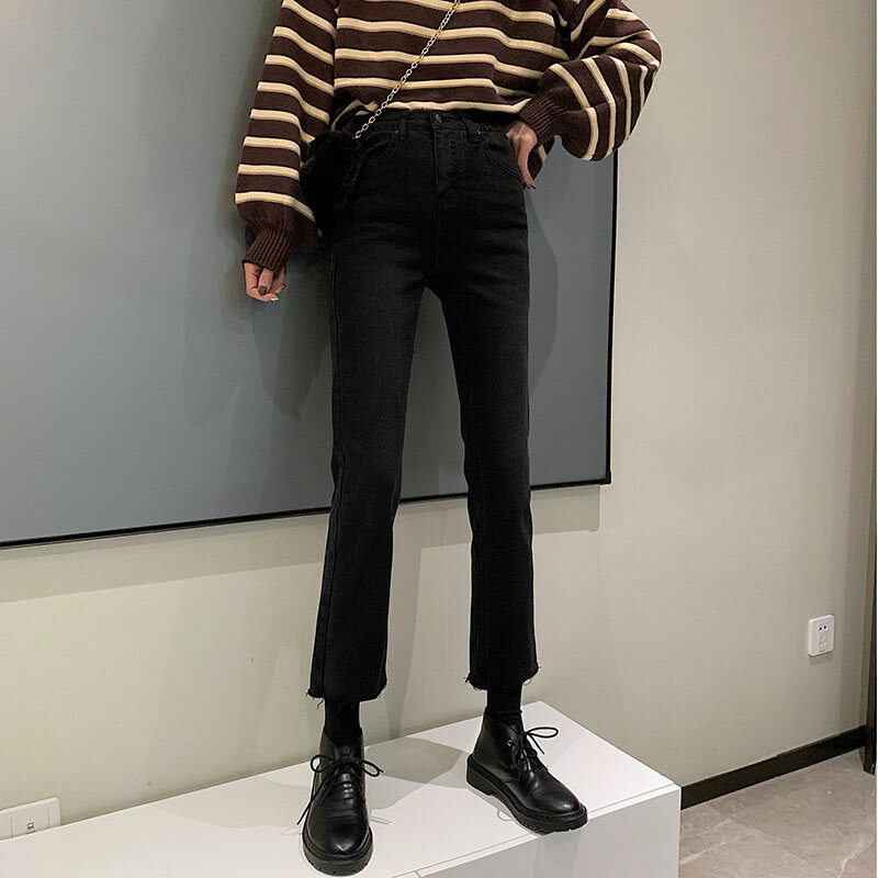 轉角1號精品女裝店~秋冬黑色彈力小直筒牛仔毛邊九分長褲女1入