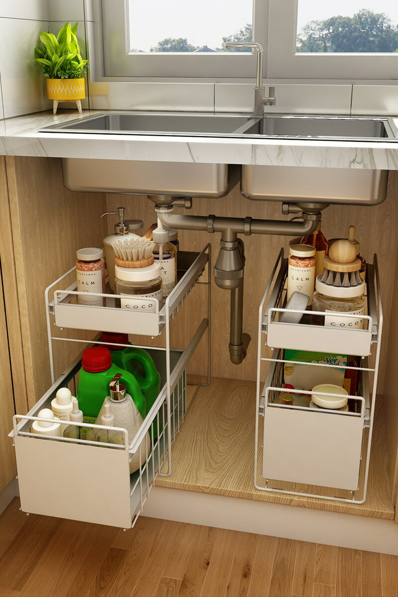 廚房櫥柜下水槽置物架落地式可抽拉推拉浴室用品多層收納整理架子