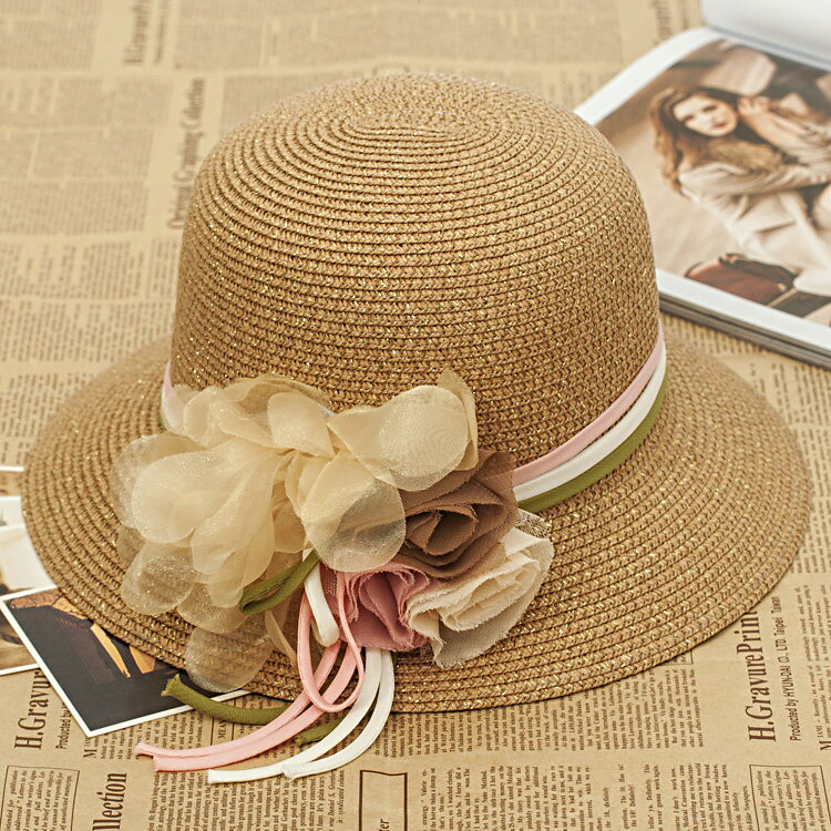 韓版亮粉花朵草帽女式夏天帽子可折疊遮陽帽防紫外線太陽帽沙灘帽
