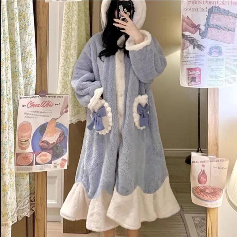秋冬季睡衣女珊瑚絨睡袍加絨加厚可愛外穿冬天家居服套裝【繁星小鎮】
