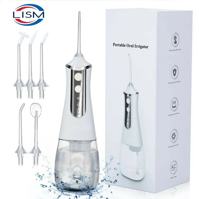 【美國代購】LISM 手提式口腔沖洗器水牙線牙科噴水工具鎬清潔牙齒 350ML 5 噴嘴漱口機
