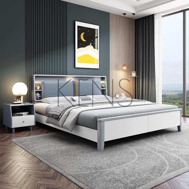 主臥床 實木床 白色實木床1.8米雙人床現代簡約家用小戶型主臥1.5米高箱儲物婚床