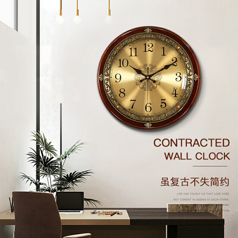 新中式實圓形木掛墻鐘表歐式家用客餐廳輕奢時尚大氣靜音石英鐘表
