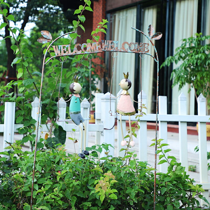美式花園雜貨地插庭院花插鐵藝英文歡迎牌草地別墅裝飾創意花盆架