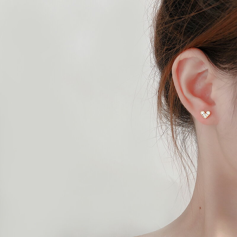 愛心耳釘女999純銀法式帶鉆心形耳環簡約小巧百搭養耳防過敏耳飾