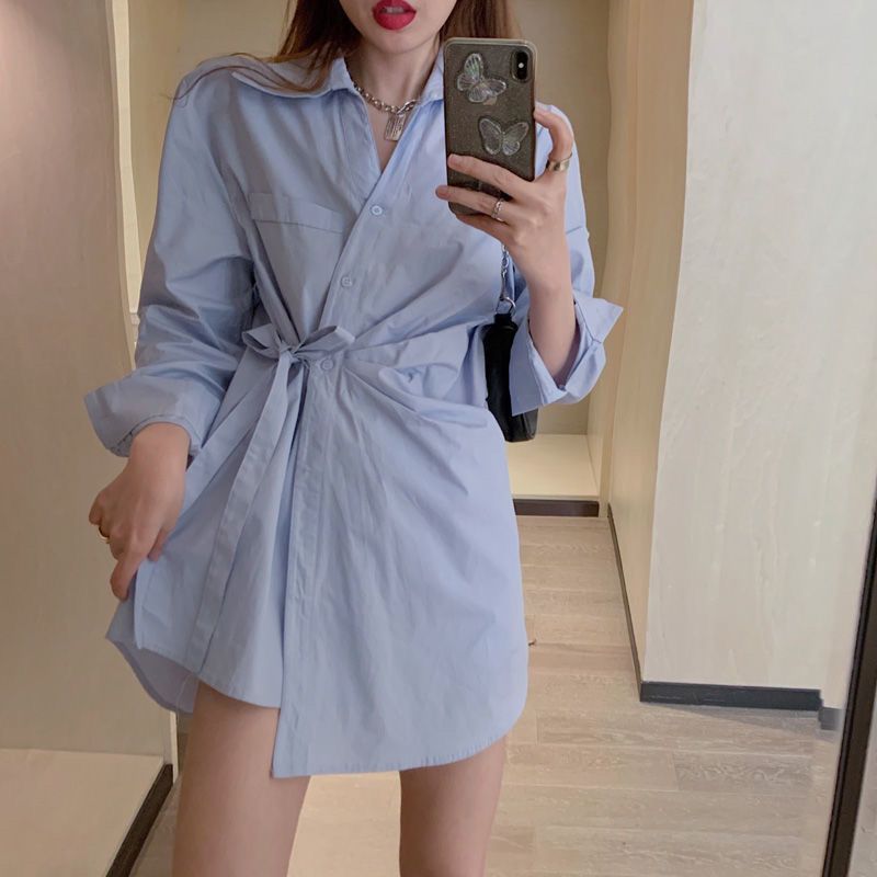 藍色襯衫女設計感小眾綁帶襯衣長袖氣質中長款上衣春款年新款