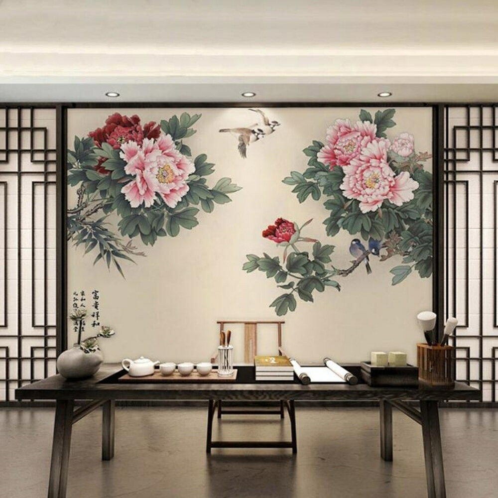 墻紙牡丹工筆花鳥古典桌布國畫無紡布墻紙客廳電視機背景墻新中式墻布 都市時尚